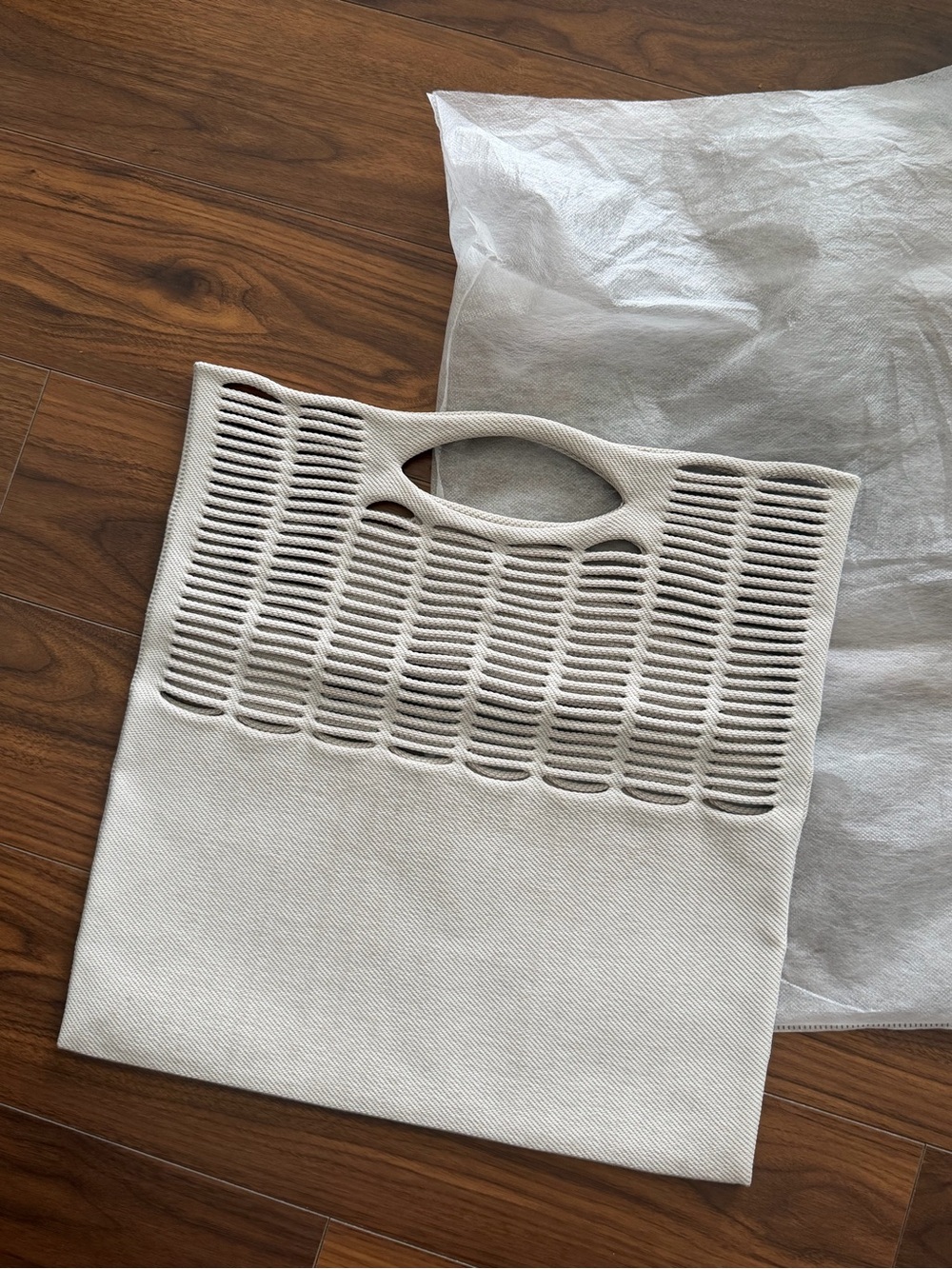 Issey Miyake Cream Textured Cutout Handle Tote